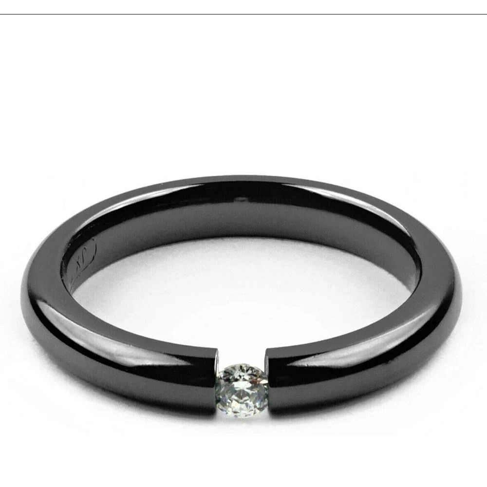 Minimalist Black Stainless Steel Ring with Center Simulated‎ Diamond